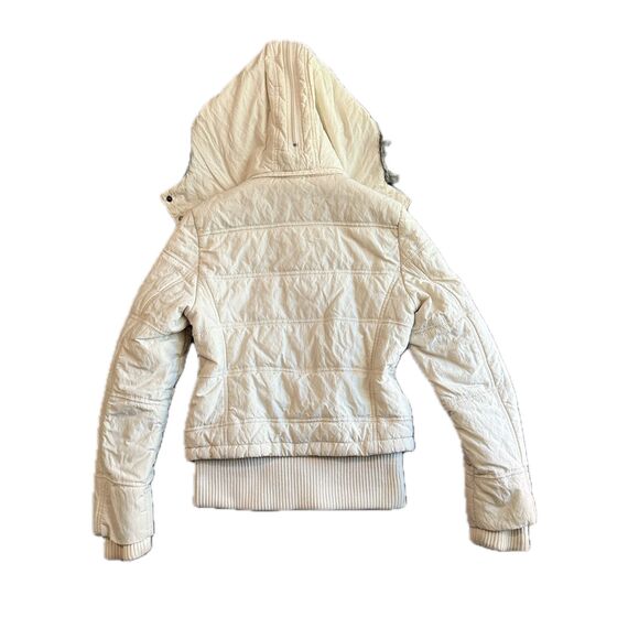 Y2K Cream Cropped Puffer Jacket Faux Fur Hood 2000s Bimbo Mob Wife Winter Trend - Picture 5 of 8